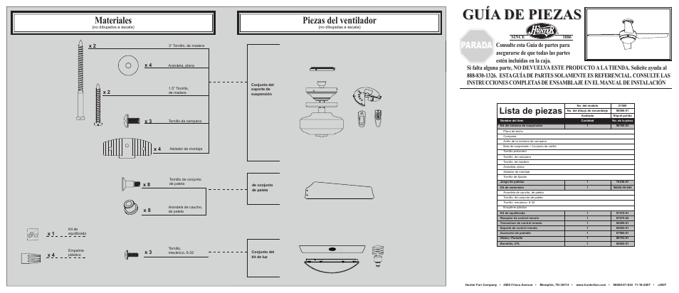 Guía de piezas, Materiales, Piezas del ventilador | Parada, Lista de piezas | Hunter Fan 21585 User Manual | Page 2 / 2
