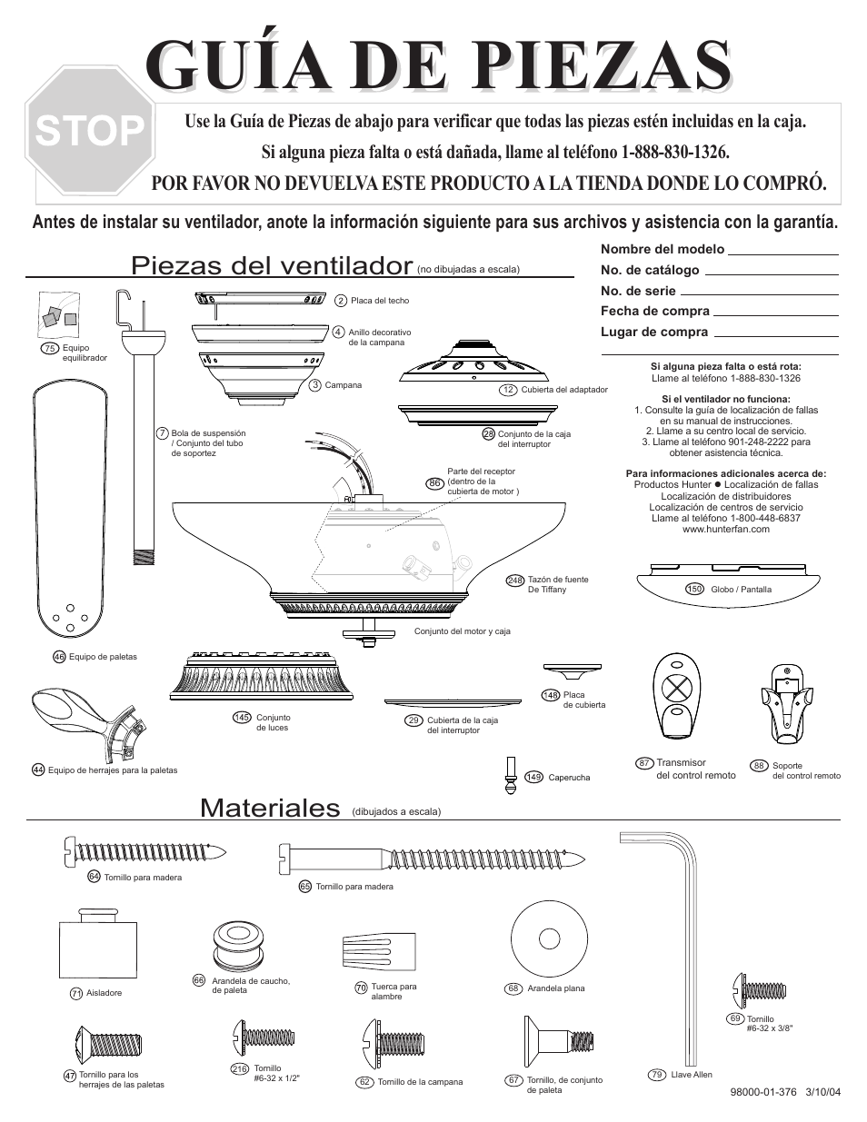 Guía de piezas, Materiales, Piezas del ventilador | Hunter Fan 28424 User Manual | Page 3 / 4