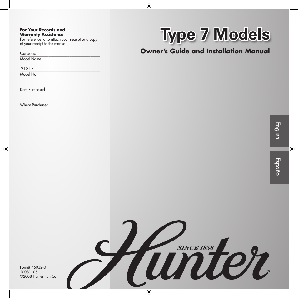 Hunter Fan Type 7 Models User Manual | 16 pages