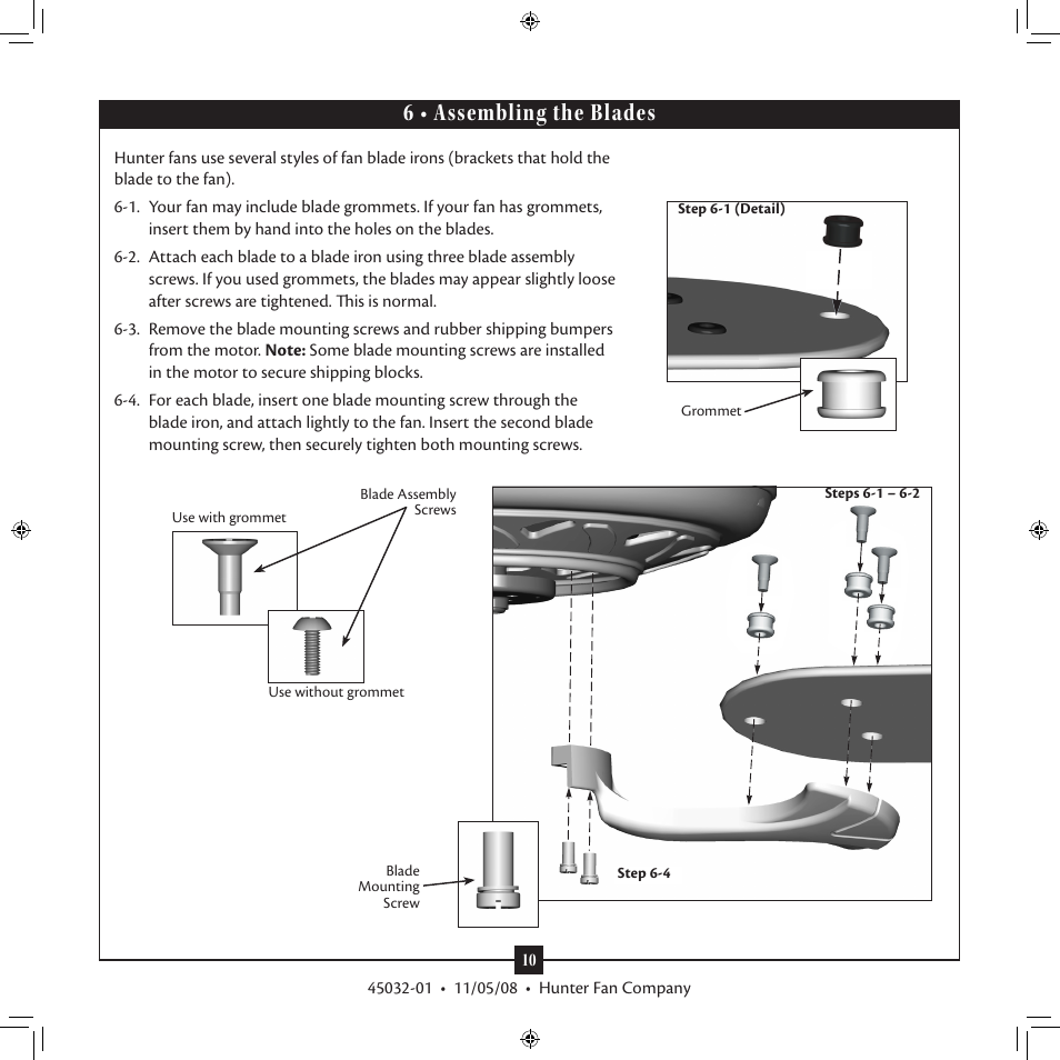 6 • assembling the blades | Hunter Fan Type 7 Models User Manual | Page 10 / 16