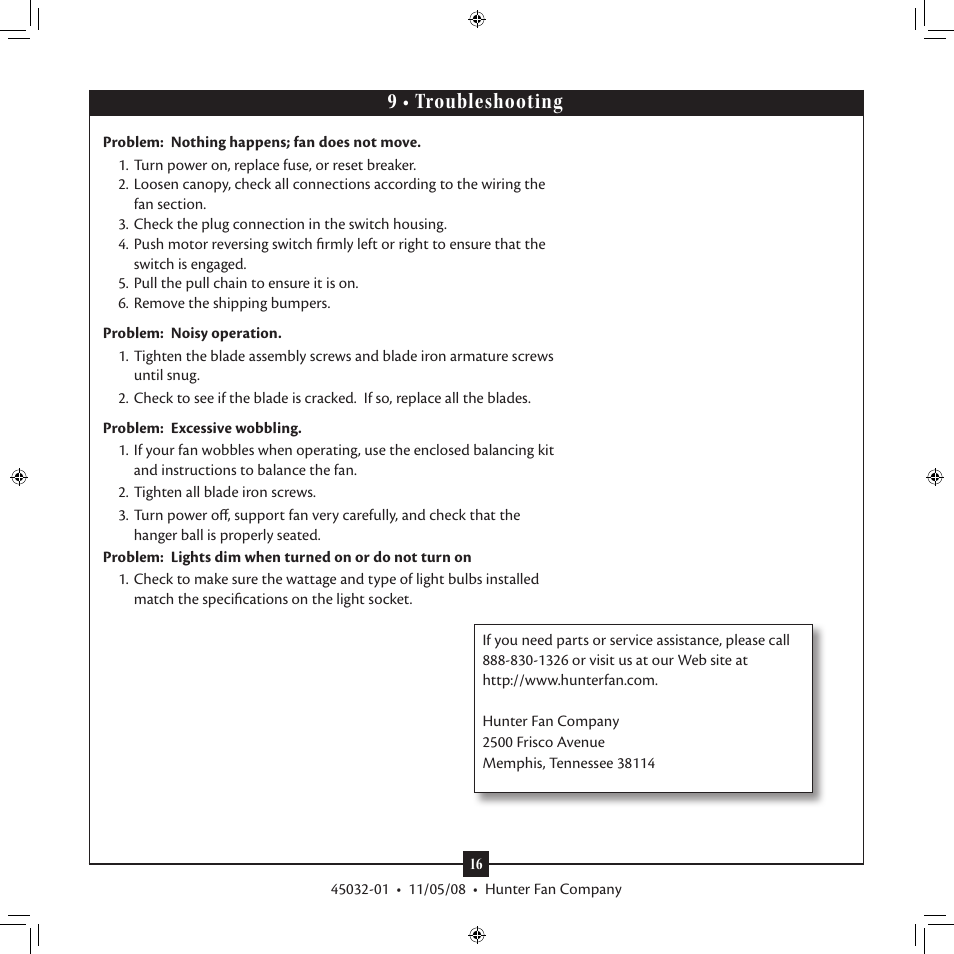 9 • troubleshooting | Hunter Fan Type 7 Models User Manual | Page 16 / 16