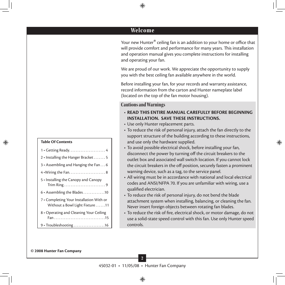 Welcome, Cautions and warnings | Hunter Fan Type 7 Models User Manual | Page 2 / 16