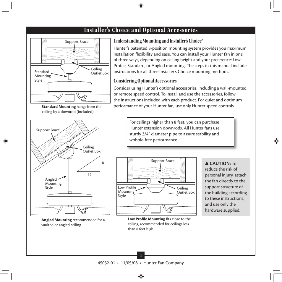 Installer’s choice and optional accessories, Understanding mounting and installer’s choice, Considering optional accessories | Hunter Fan Type 7 Models User Manual | Page 3 / 16