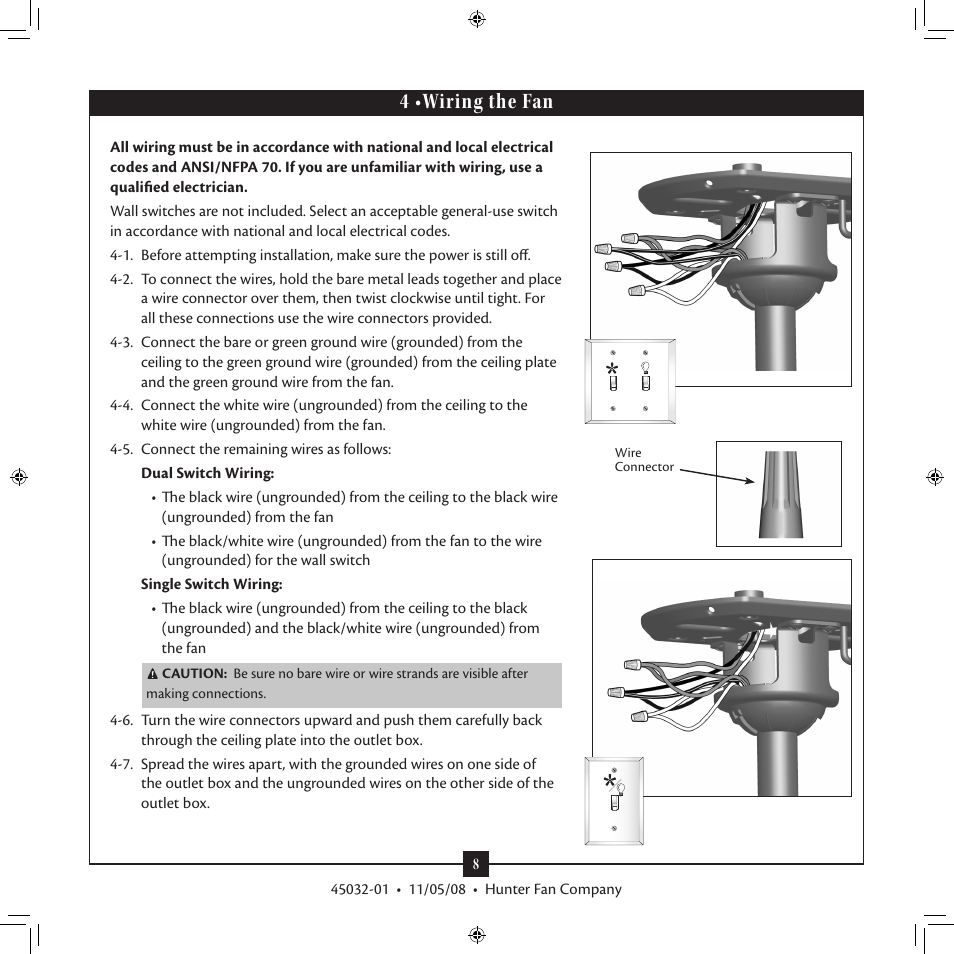 4 •wiring the fan | Hunter Fan Type 7 Models User Manual | Page 8 / 16