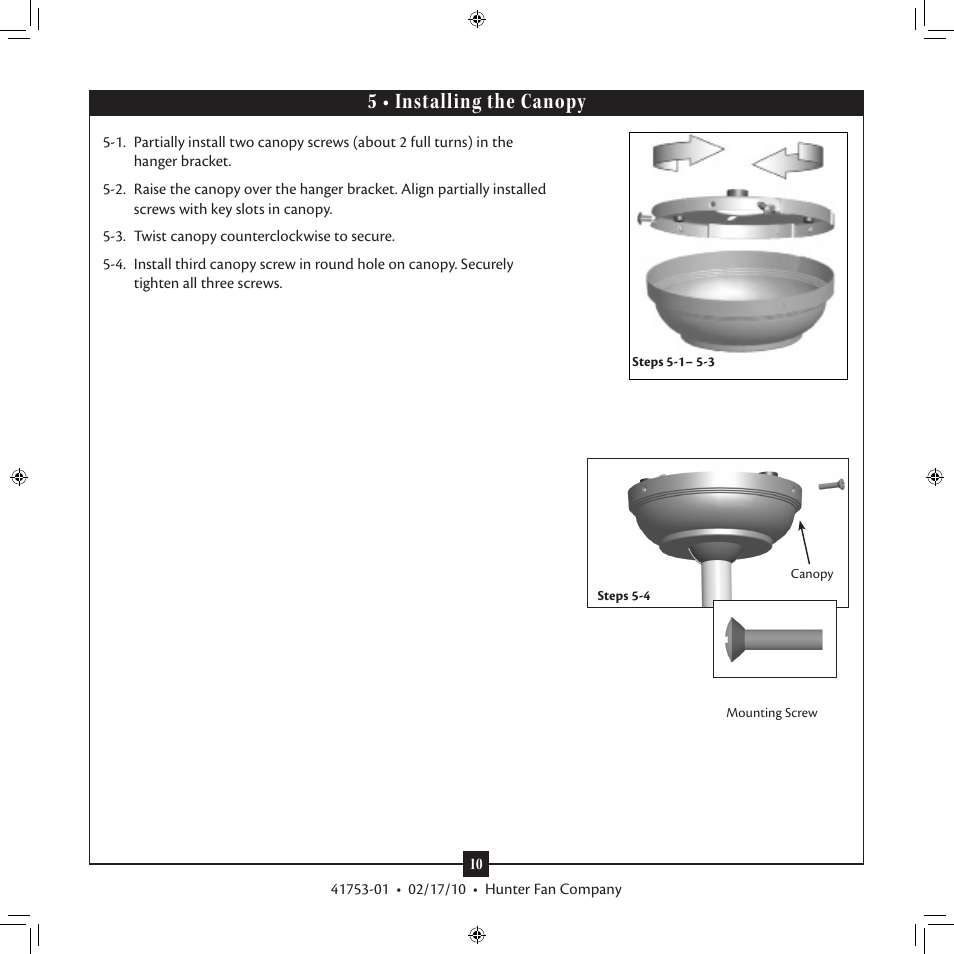 5 • installing the canopy | Hunter Fan 41753-01 User Manual | Page 10 / 15