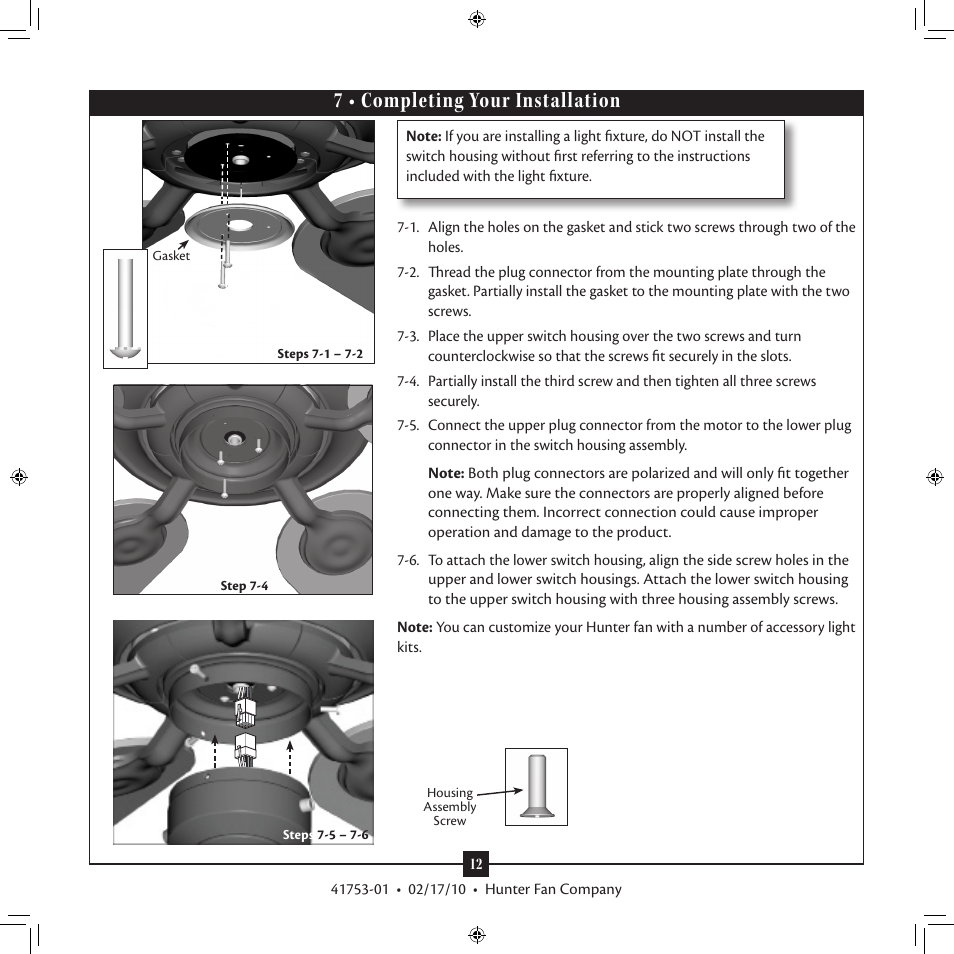 7 • completing your installation | Hunter Fan 41753-01 User Manual | Page 12 / 15