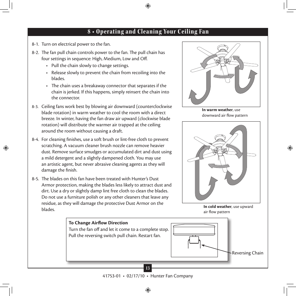 8 • operating and cleaning your ceiling fan | Hunter Fan 41753-01 User Manual | Page 13 / 15