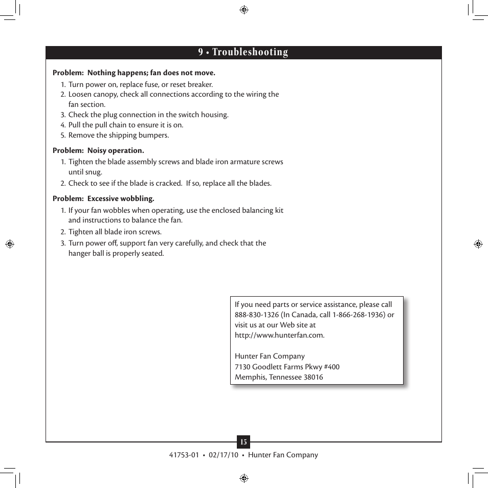 9 • troubleshooting | Hunter Fan 41753-01 User Manual | Page 15 / 15