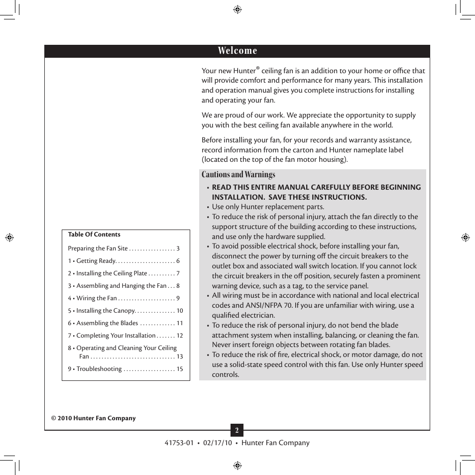 Welcome, Cautions and warnings | Hunter Fan 41753-01 User Manual | Page 2 / 15