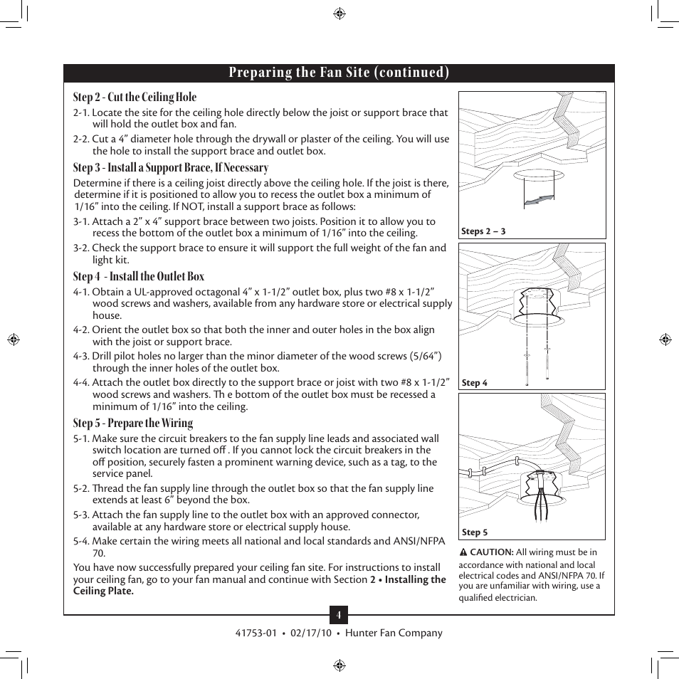 Preparing the fan site (continued), Step 2 - cut the ceiling hole, Step 3 - install a support brace, if necessary | Step 4 - install the outlet box, Step 5 - prepare the wiring | Hunter Fan 41753-01 User Manual | Page 4 / 15