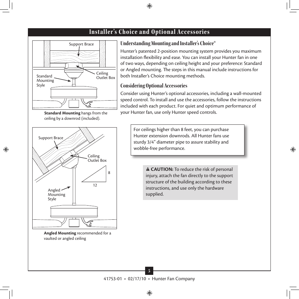 Installer’s choice and optional accessories, Understanding mounting and installer’s choice, Considering optional accessories | Hunter Fan 41753-01 User Manual | Page 5 / 15