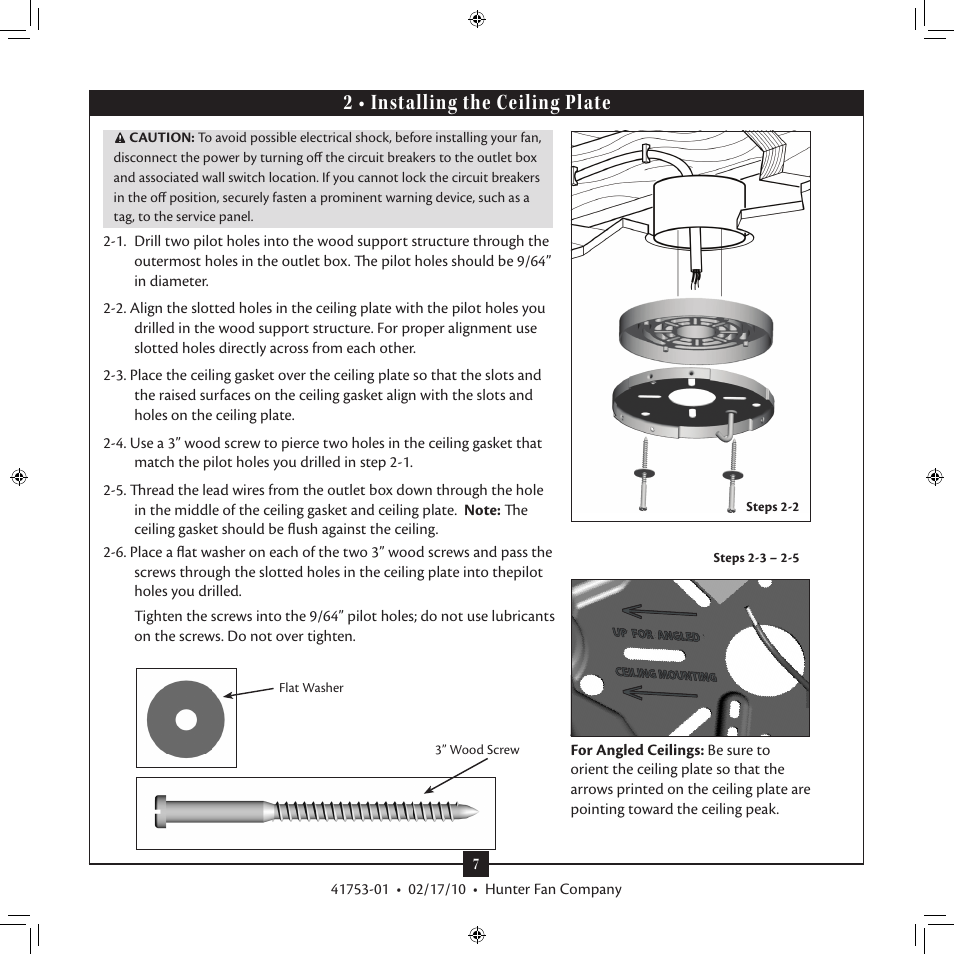 2 • installing the ceiling plate | Hunter Fan 41753-01 User Manual | Page 7 / 15