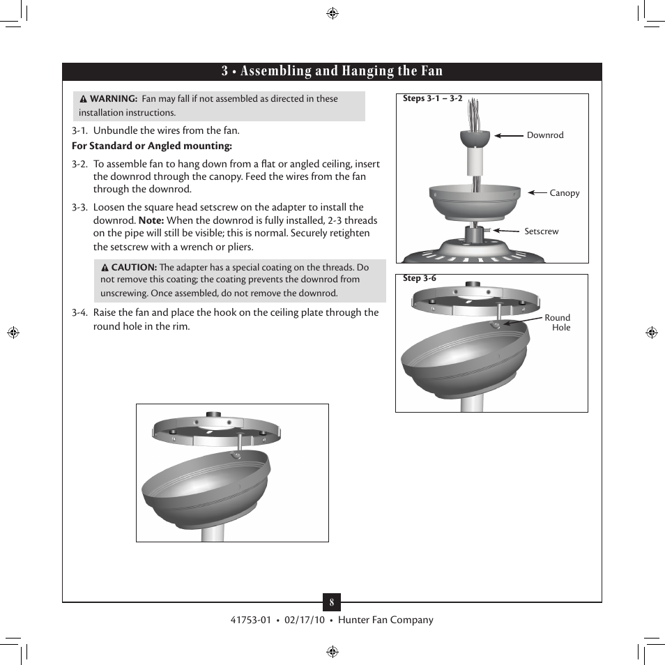 3 • assembling and hanging the fan | Hunter Fan 41753-01 User Manual | Page 8 / 15