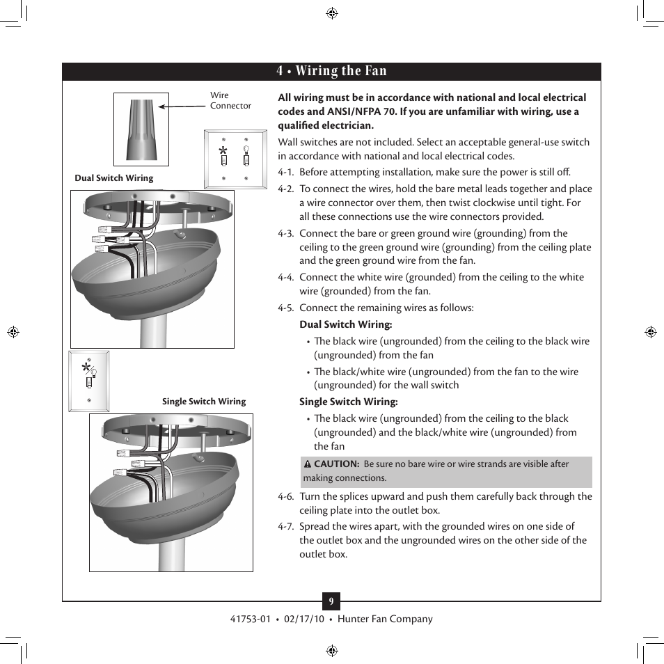 4 • wiring the fan | Hunter Fan 41753-01 User Manual | Page 9 / 15