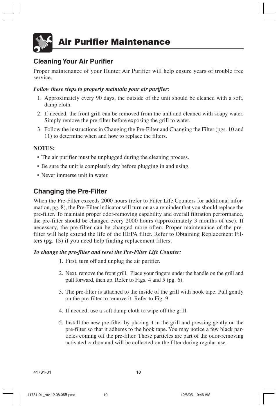 Air purifier maintenance, Cleaning your air purifier, Changing the pre-filter | Hunter Fan 30730 User Manual | Page 10 / 17