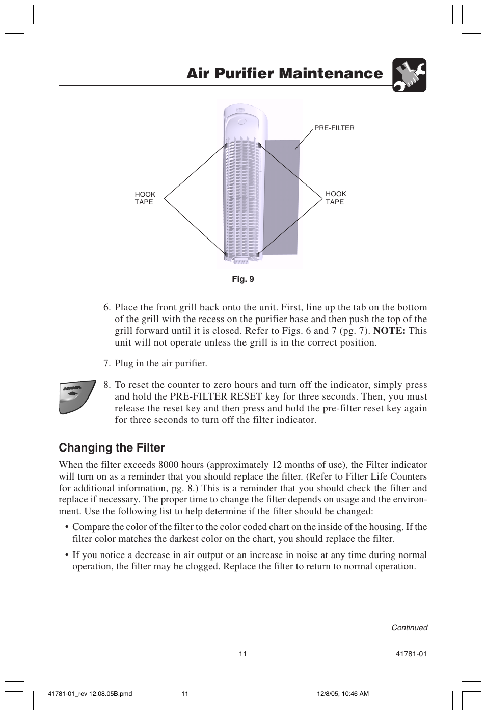 Air purifier maintenance, Changing the filter | Hunter Fan 30730 User Manual | Page 11 / 17