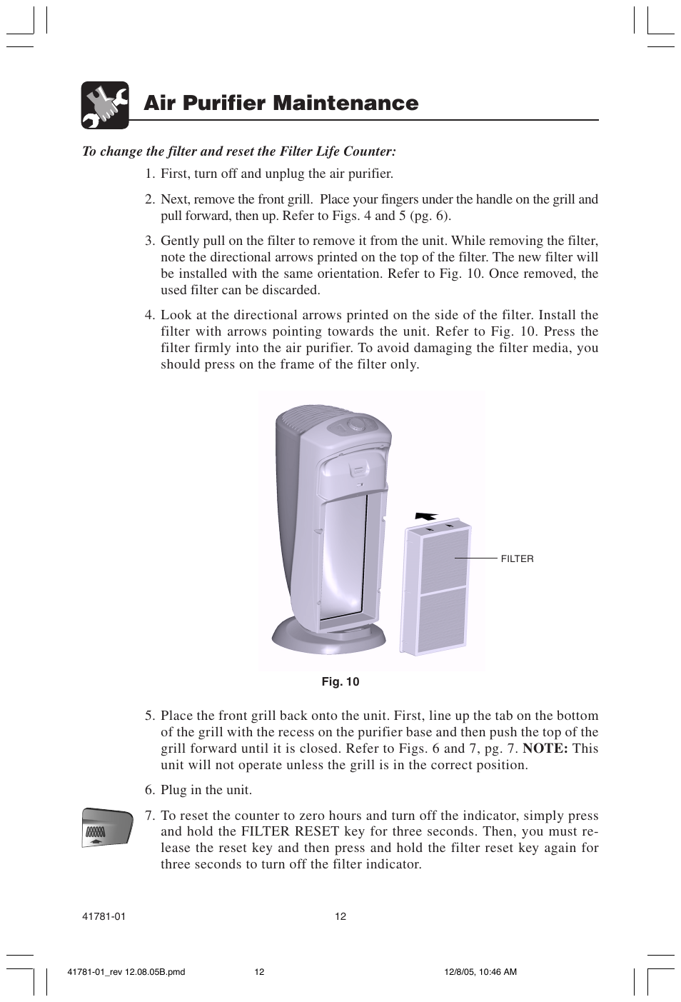 Air purifier maintenance | Hunter Fan 30730 User Manual | Page 12 / 17