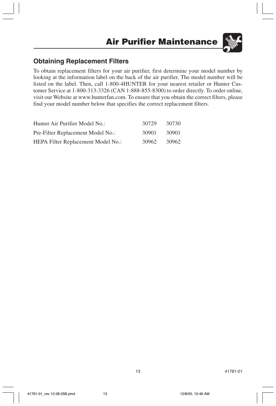 Air purifier maintenance, Obtaining replacement filters | Hunter Fan 30730 User Manual | Page 13 / 17