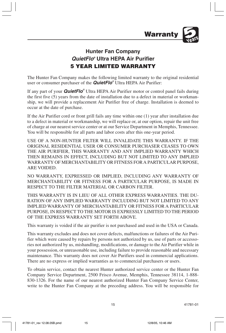 Warranty, Quietflo, Hunter fan company | Ultra hepa air purifier 5 year limited warranty | Hunter Fan 30730 User Manual | Page 15 / 17