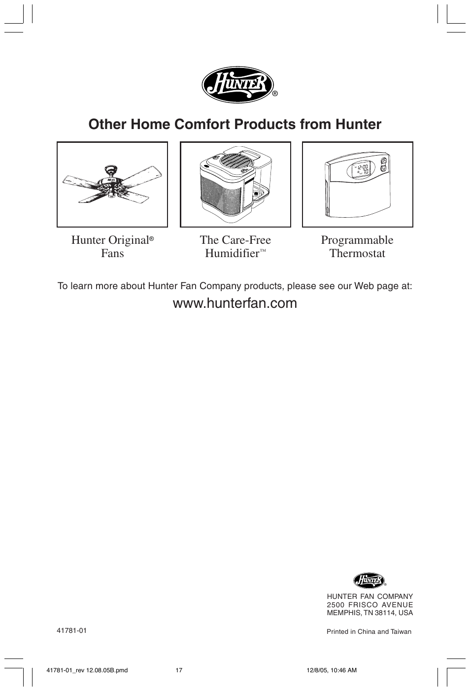 The care-free humidifier, Programmable thermostat, Hunter original | Fans | Hunter Fan 30730 User Manual | Page 17 / 17