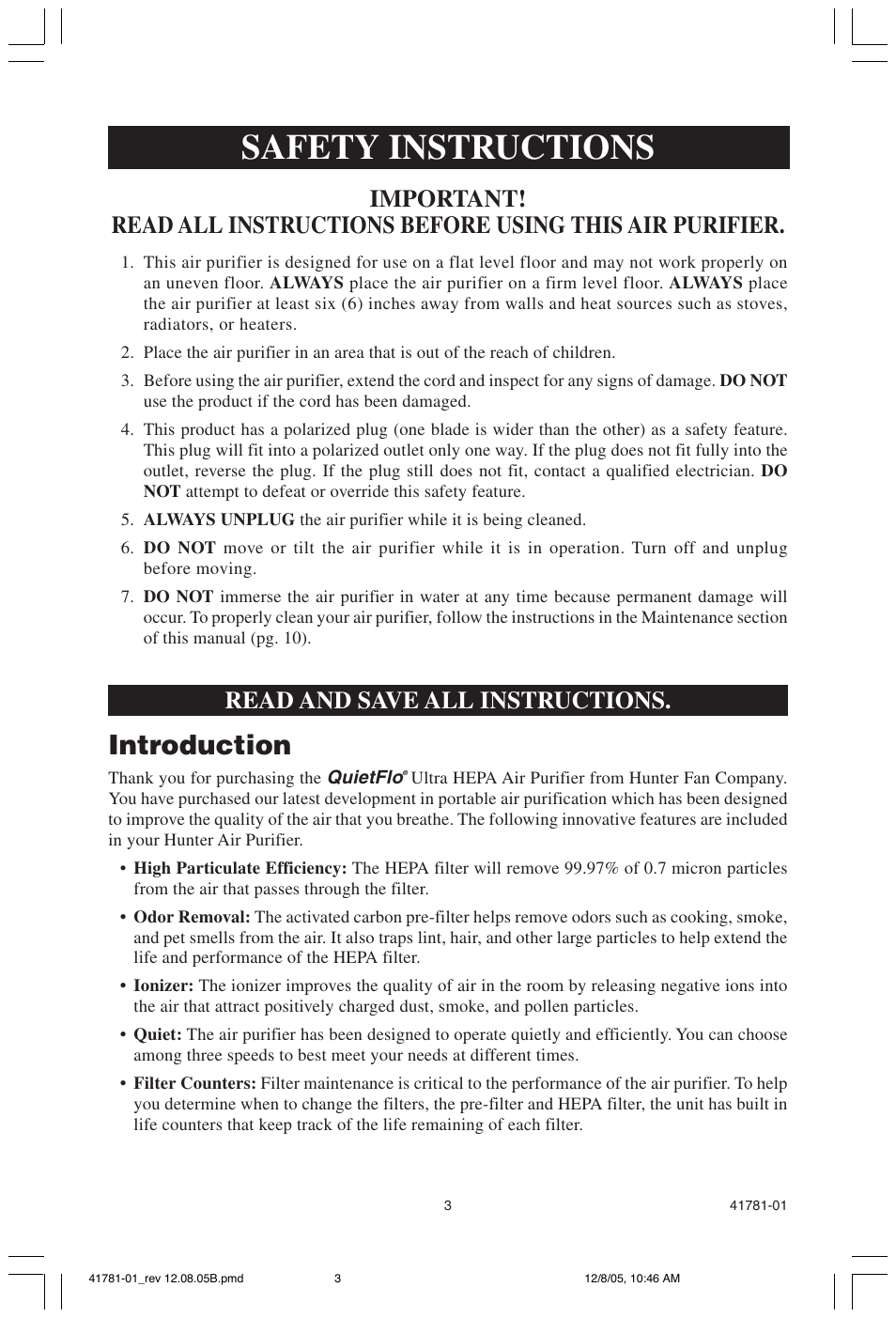 Safety instructions, Introduction, Read and save all instructions | Hunter Fan 30730 User Manual | Page 3 / 17