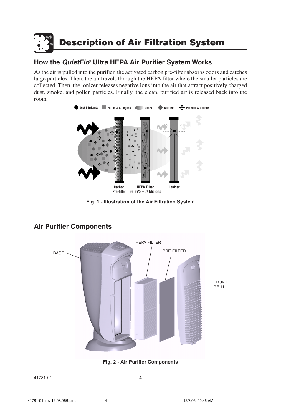 Description of air filtration system, Quietflo, Air purifier components | How the, Ultra hepa air purifier system works | Hunter Fan 30730 User Manual | Page 4 / 17