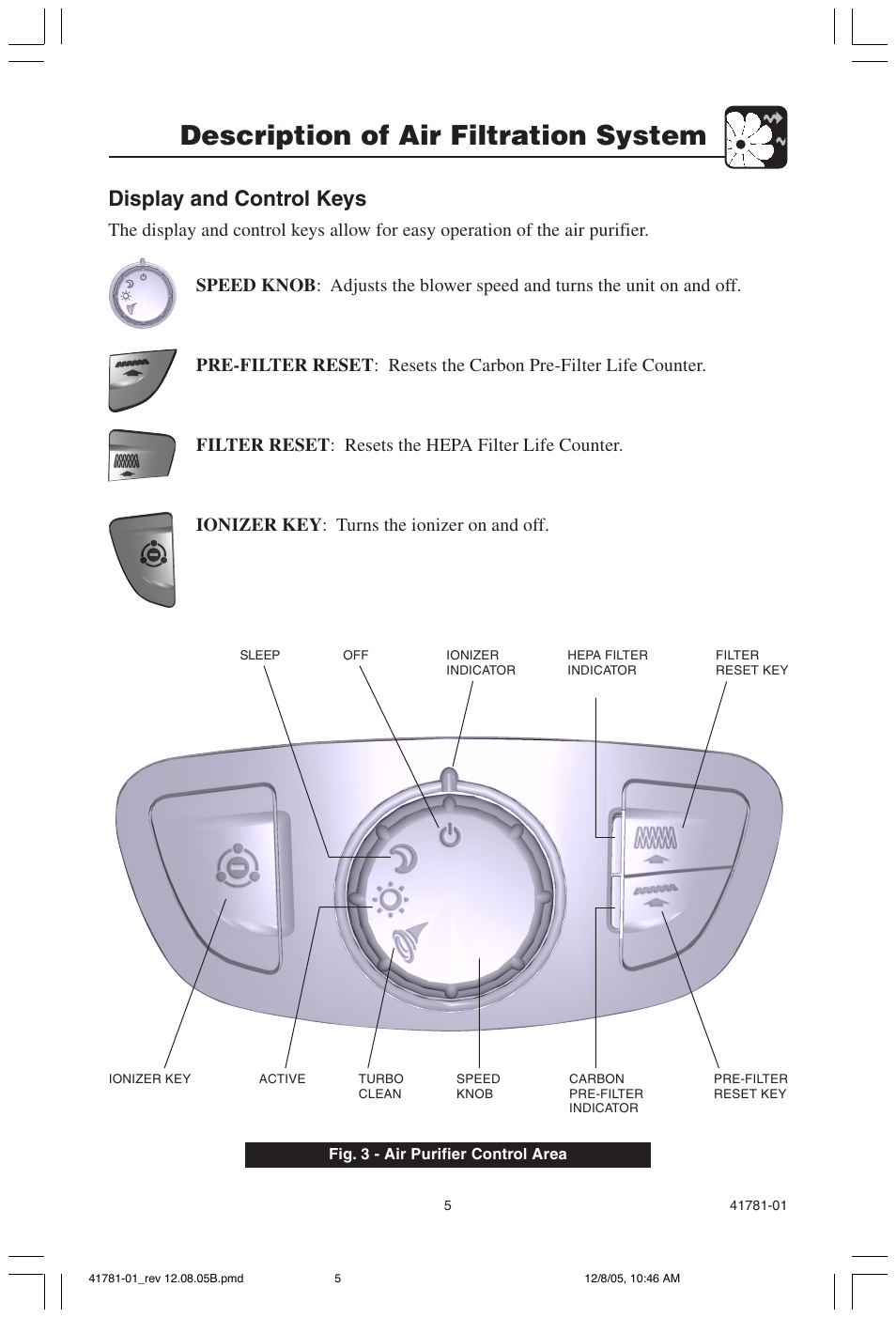 Description of air filtration system, Display and control keys | Hunter Fan 30730 User Manual | Page 5 / 17