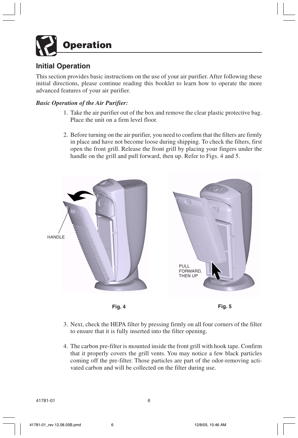 Operation, Initial operation | Hunter Fan 30730 User Manual | Page 6 / 17