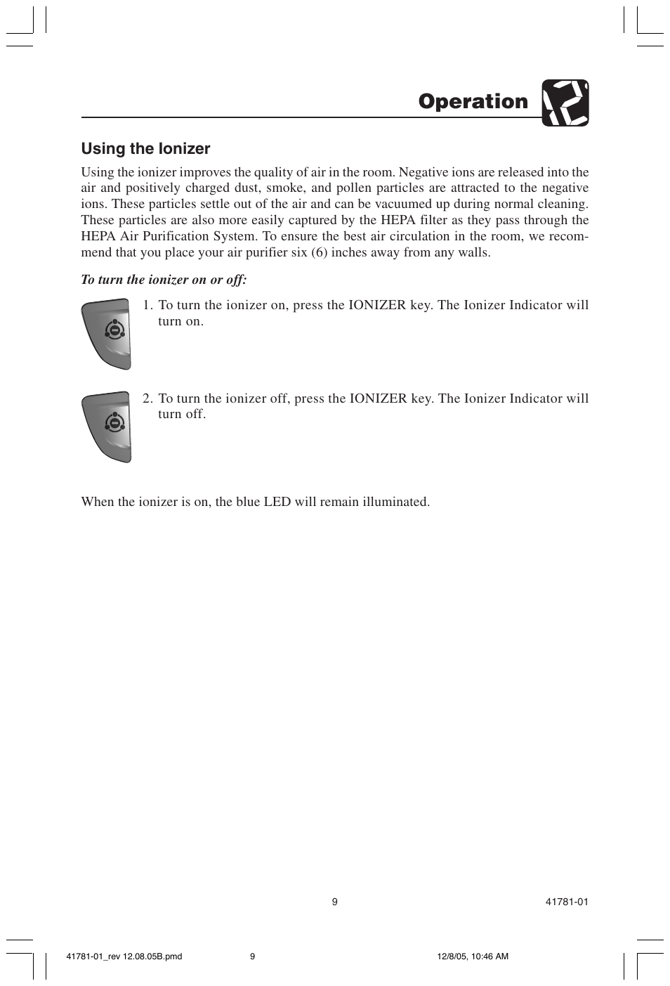 Operation, Using the ionizer | Hunter Fan 30730 User Manual | Page 9 / 17