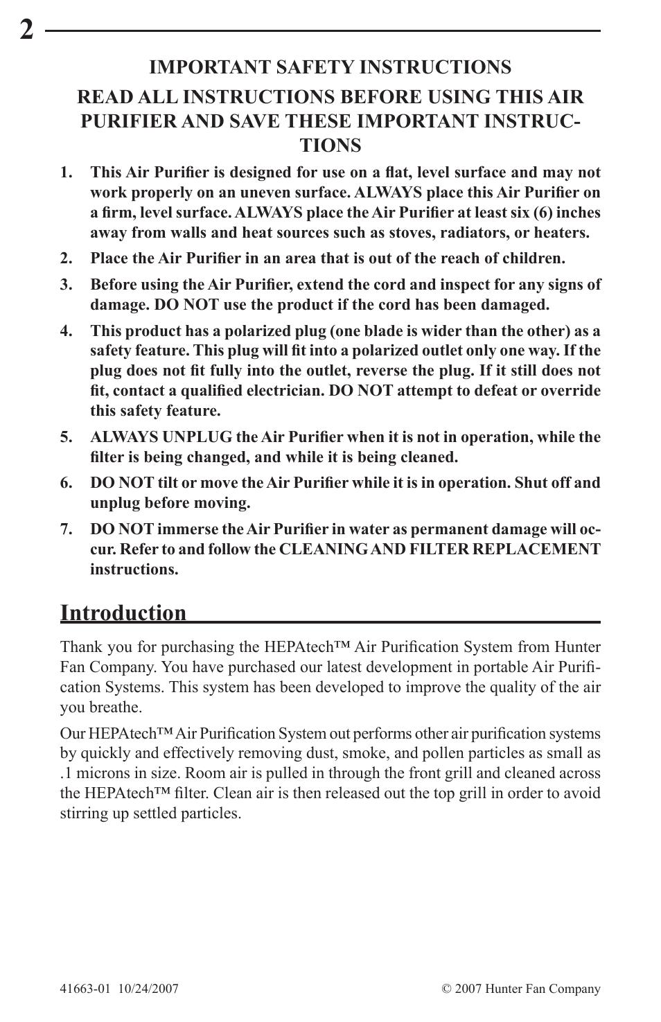 Introduction | Hunter Fan HEPATECH 30059 User Manual | Page 2 / 8