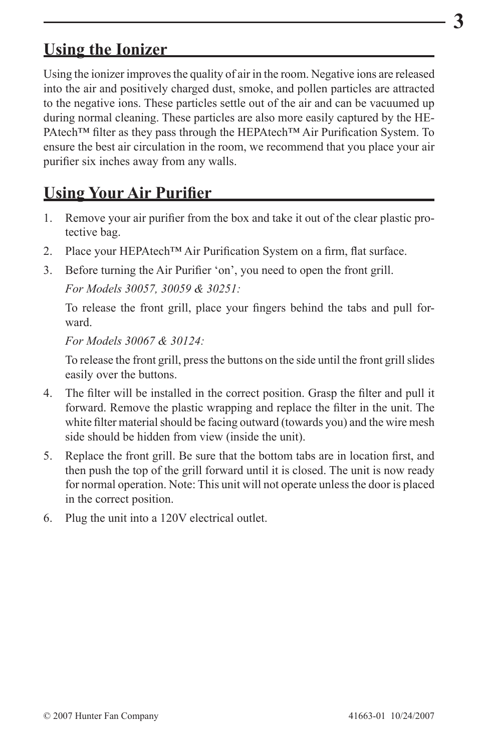 Using the ionizer, Using your air purifier | Hunter Fan HEPATECH 30059 User Manual | Page 3 / 8