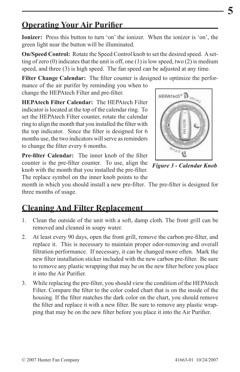 Operating your air purifier, Cleaning and filter replacement | Hunter Fan HEPATECH 30059 User Manual | Page 5 / 8