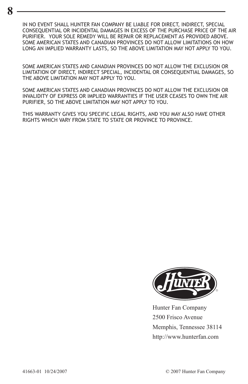 Hunter Fan HEPATECH 30059 User Manual | Page 8 / 8