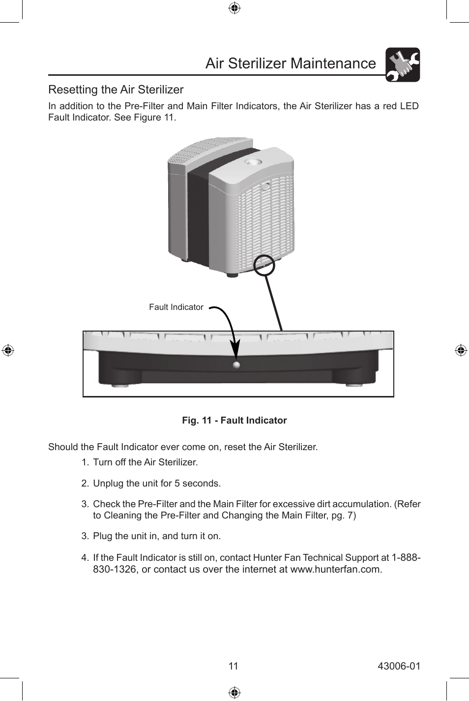 Air sterilizer maintenance | Hunter Fan 30582 User Manual | Page 11 / 16