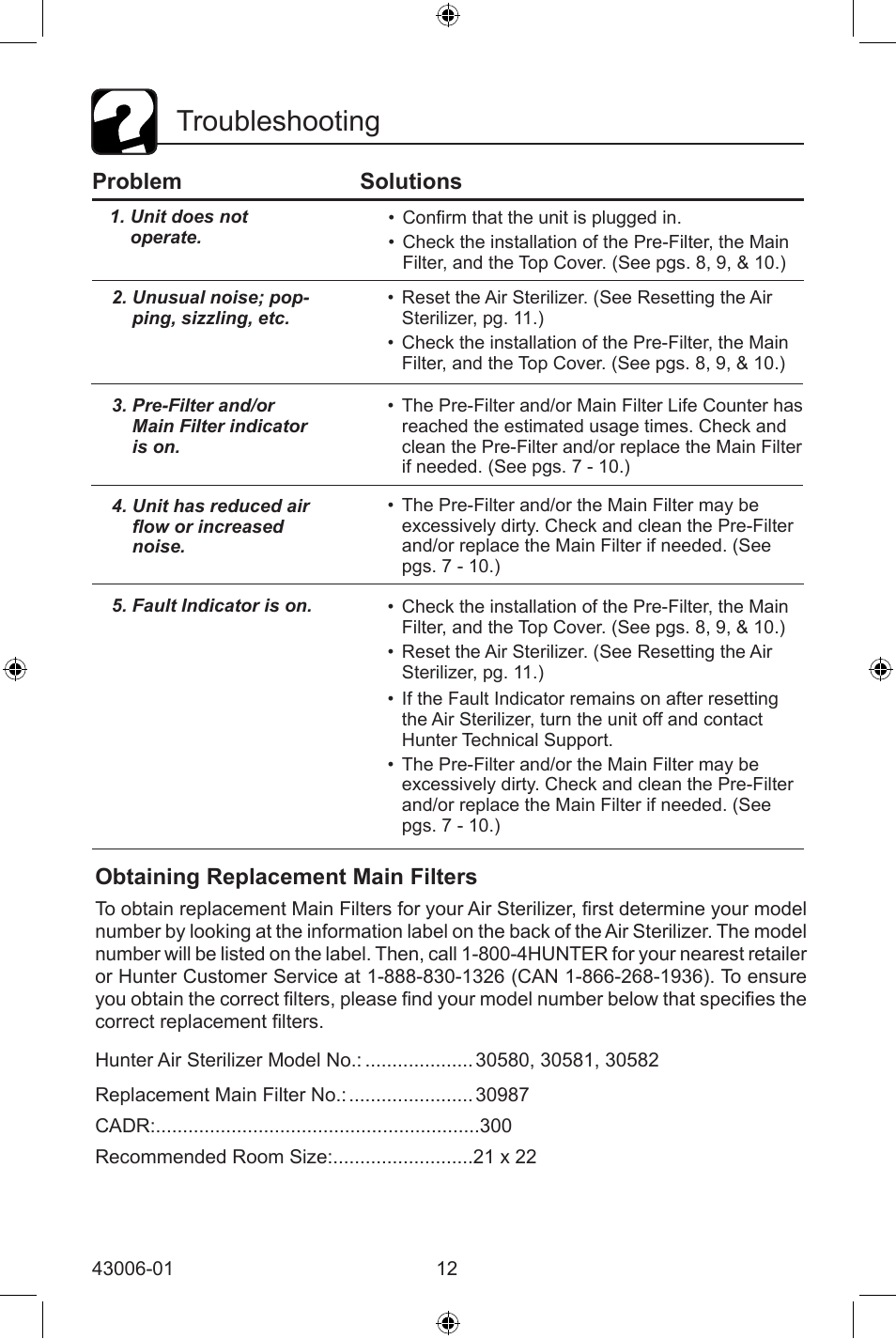 Troubleshooting | Hunter Fan 30582 User Manual | Page 12 / 16