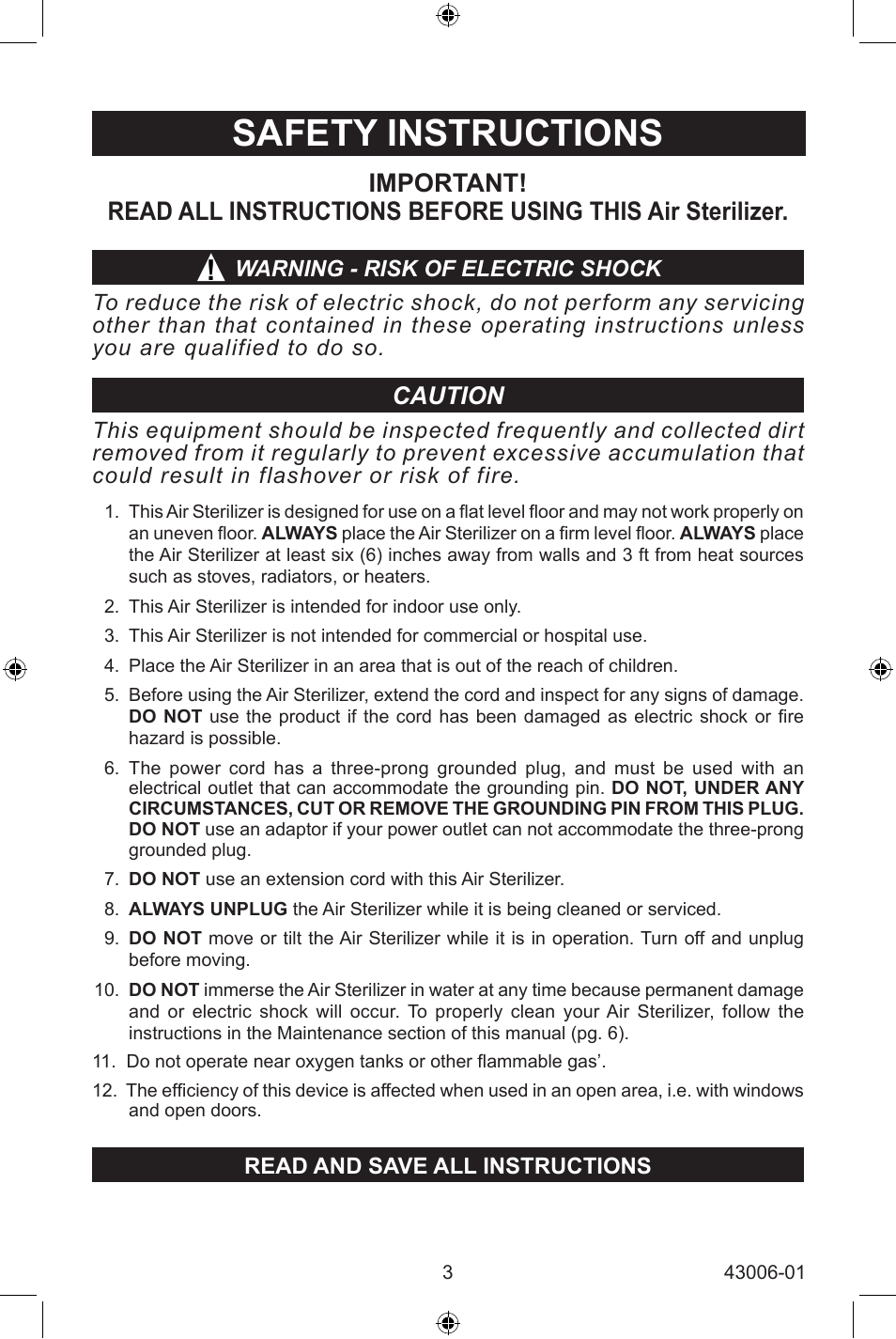 Safety instructions, Caution | Hunter Fan 30582 User Manual | Page 3 / 16