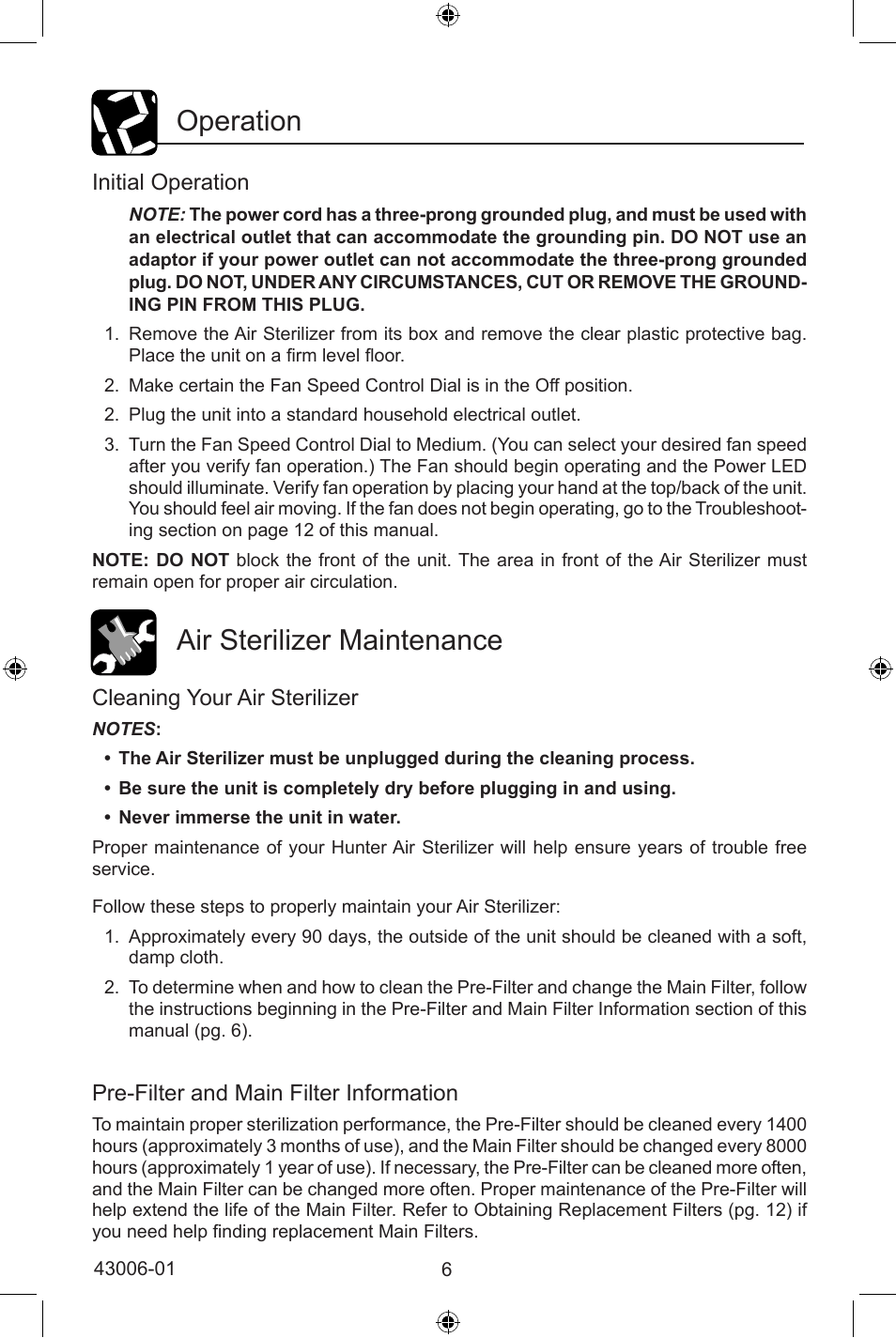 Operation, Air sterilizer maintenance | Hunter Fan 30582 User Manual | Page 6 / 16