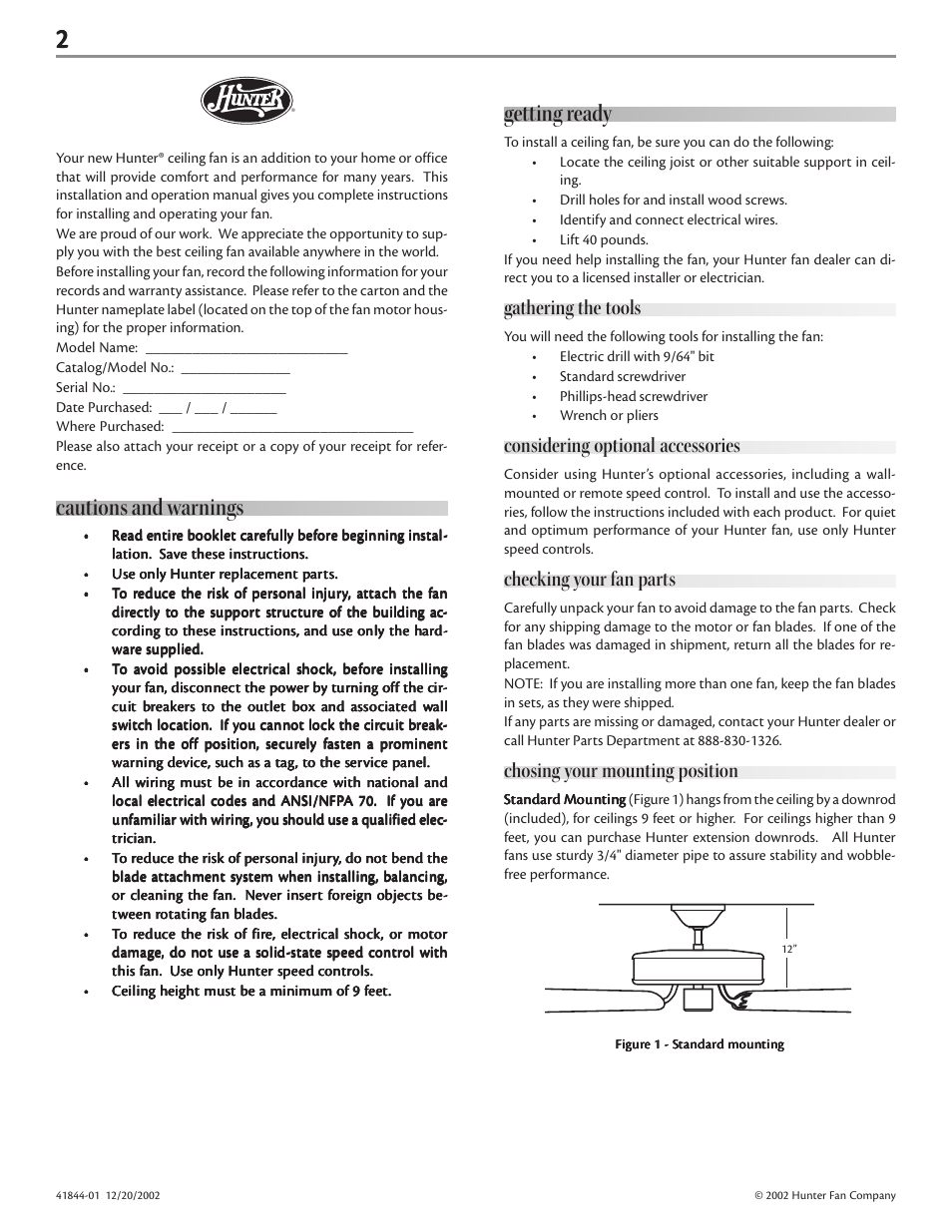 Cautions and warnings, Getting ready, Gathering the tools | Considering optional accessories, Checking your fan parts, Chosing your mounting position | Hunter Fan 41844-01 User Manual | Page 2 / 9