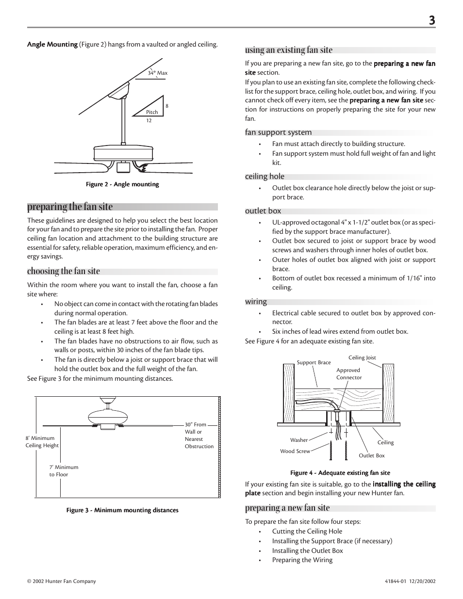 Preparing the fan site, Choosing the fan site, Using an existing fan site | Preparing a new fan site | Hunter Fan 41844-01 User Manual | Page 3 / 9