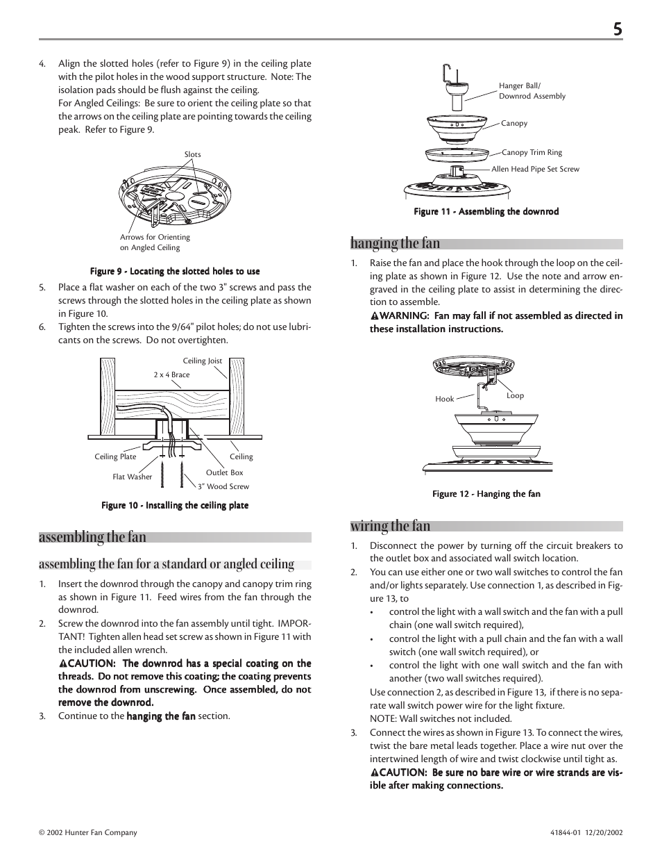 Assembling the fan, Hanging the fan, Wiring the fan | Hunter Fan 41844-01 User Manual | Page 5 / 9