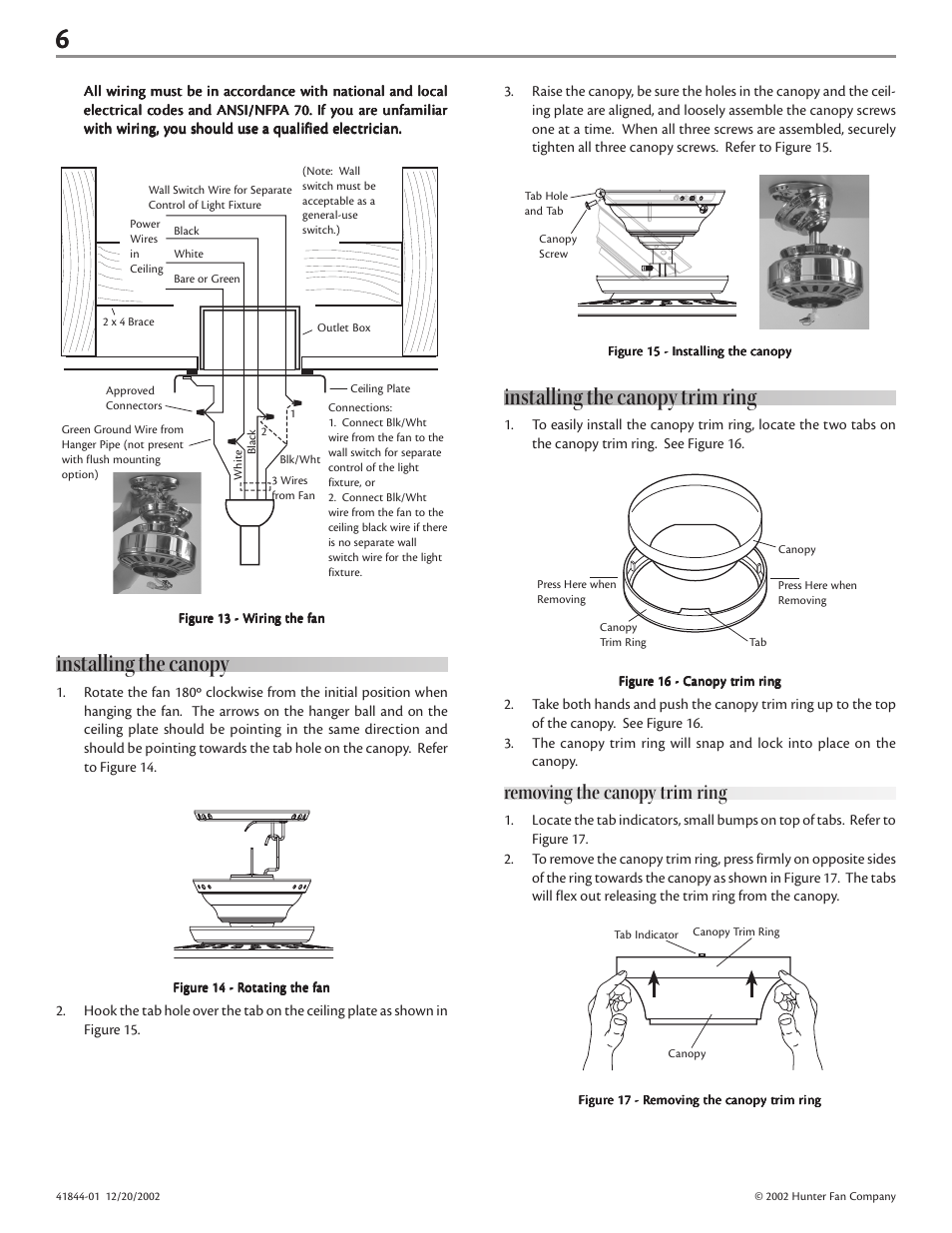 Installing the canopy, Installing the canopy trim ring, Removing the canopy trim ring | Hunter Fan 41844-01 User Manual | Page 6 / 9