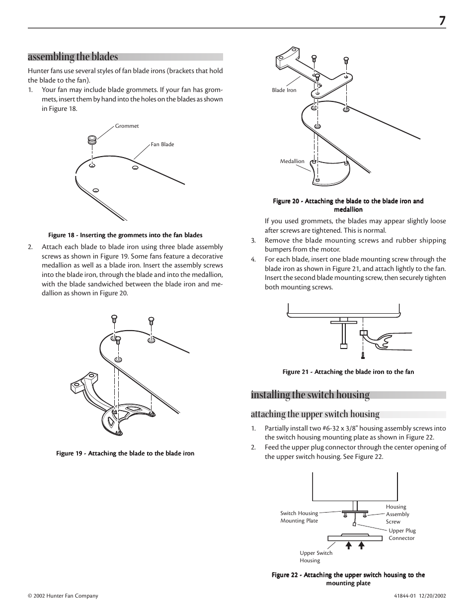 Assembling the blades, Installing the switch housing, Attaching the upper switch housing | Hunter Fan 41844-01 User Manual | Page 7 / 9