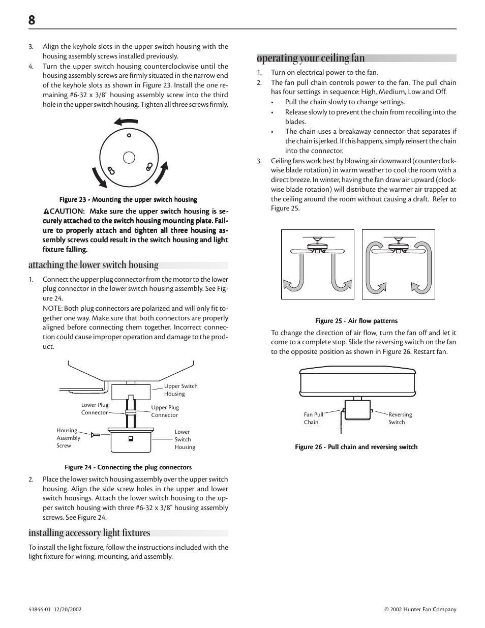 Operating your ceiling fan, Attaching the lower switch housing, Installing accessory light fixtures | Hunter Fan 41844-01 User Manual | Page 8 / 9