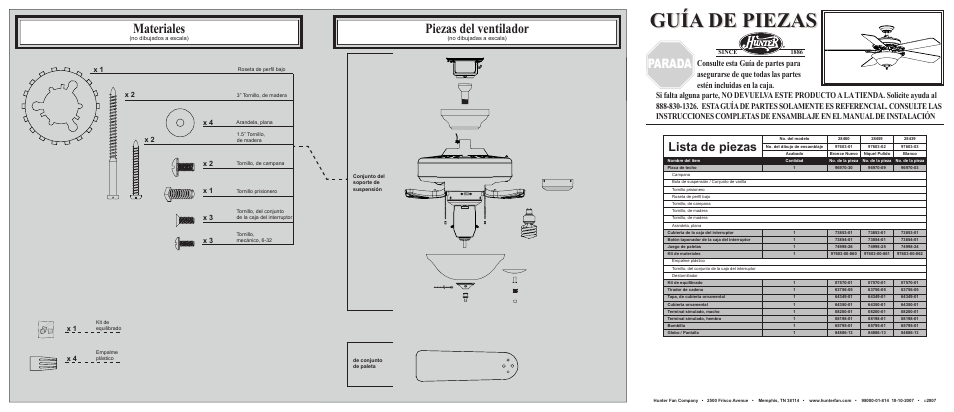 Guía de piezas, Materiales, Piezas del ventilador | Parada, Lista de piezas, X 1 x 4 | Hunter Fan 28459 User Manual | Page 2 / 2