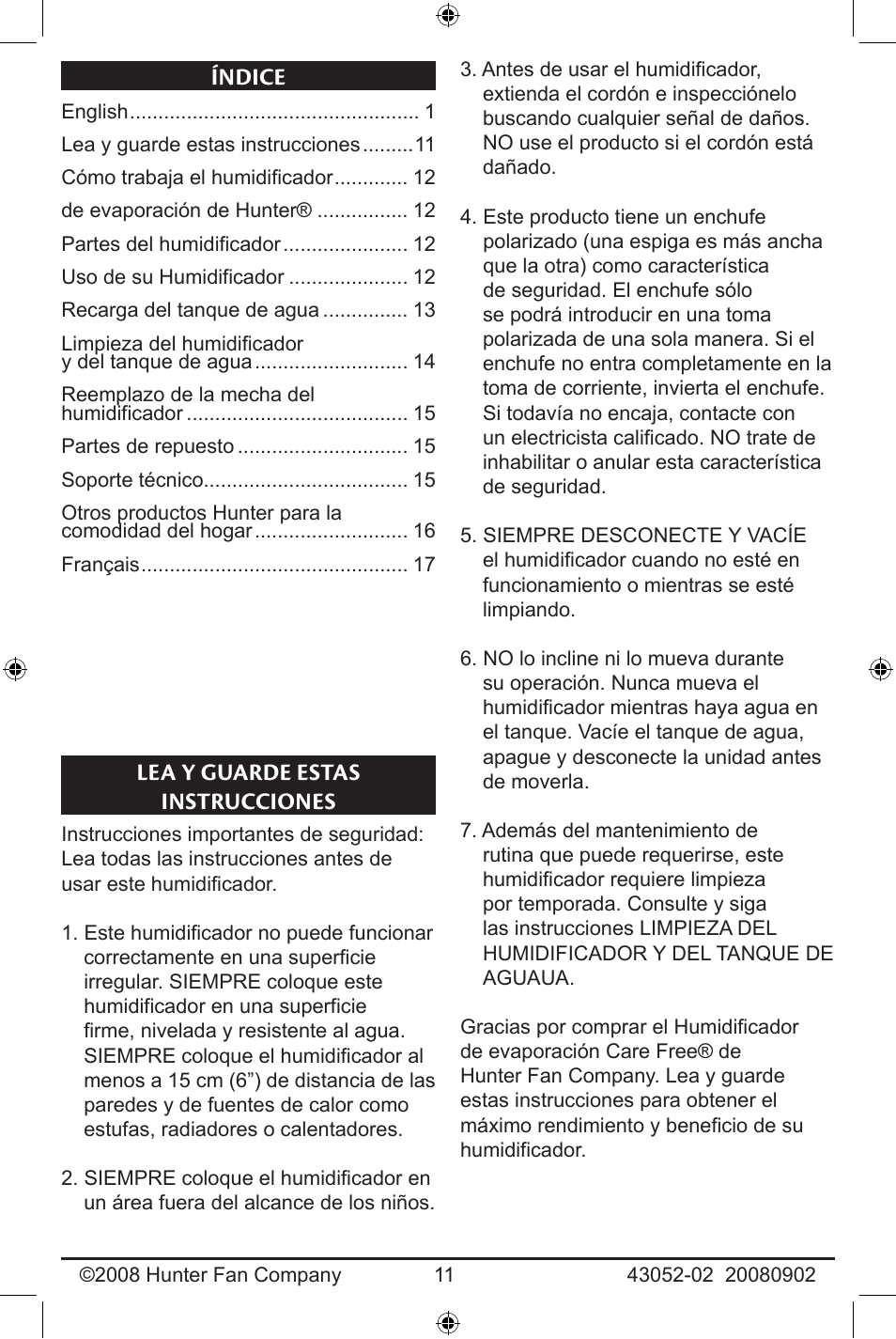 Índice lea y guarde estas instrucciones | Hunter Fan 43052-01 User Manual | Page 11 / 25