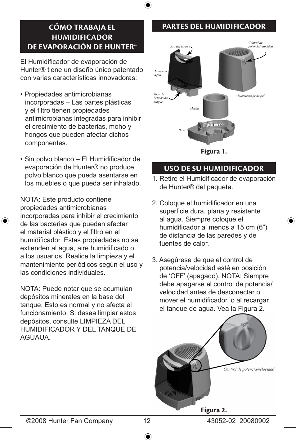 Partes del humidificador, Uso de su humidificador | Hunter Fan 43052-01 User Manual | Page 12 / 25