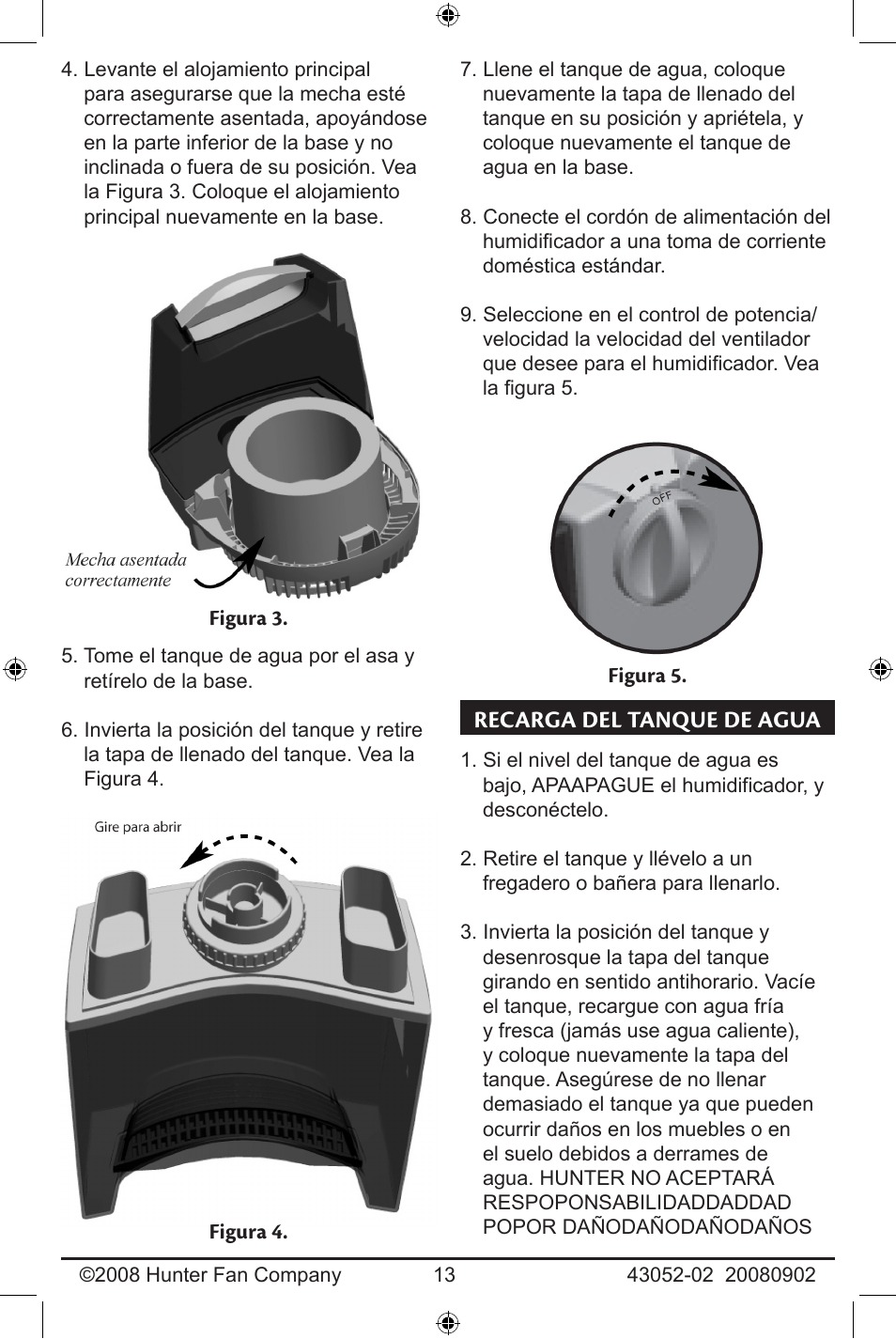 Recarga del tanque de agua | Hunter Fan 43052-01 User Manual | Page 13 / 25
