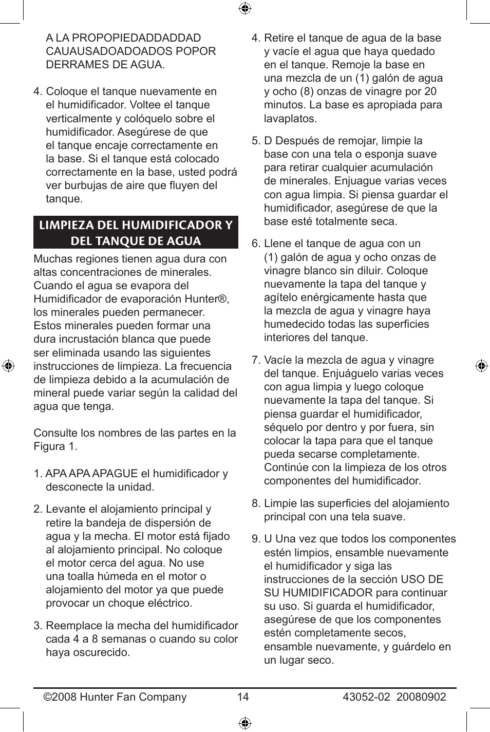 Limpieza del humidificador, Y del tanque de agua, Limpieza del humidificador y del tanque de agua | Hunter Fan 43052-01 User Manual | Page 14 / 25