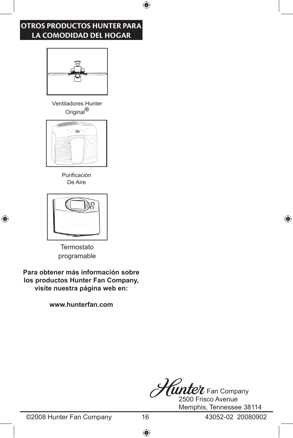 Otros productos hunter para la, Comodidad del hogar, Otros productos hunter para la comodidad del hogar | Hunter Fan 43052-01 User Manual | Page 16 / 25