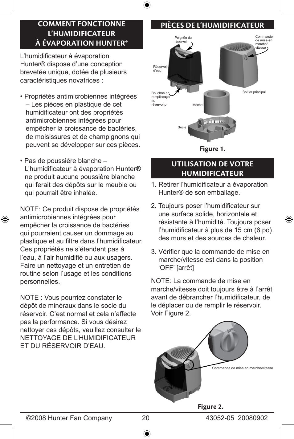 Pièces de l’humidificateur, Utilisation de votre humidificateur | Hunter Fan 43052-01 User Manual | Page 20 / 25